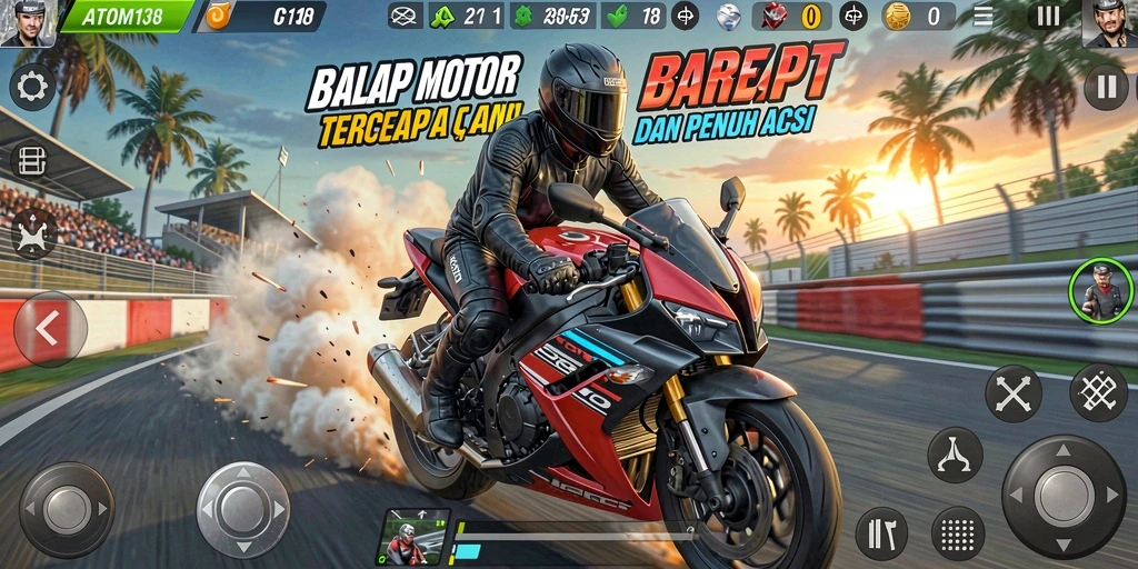 Tampilan gameplay mendebarkan balapan motor di ATOM138.