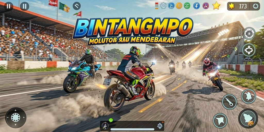 Screenshot gameplay BINTANGMPO menunjukkan aksi balapan motor yang mendebarkan.