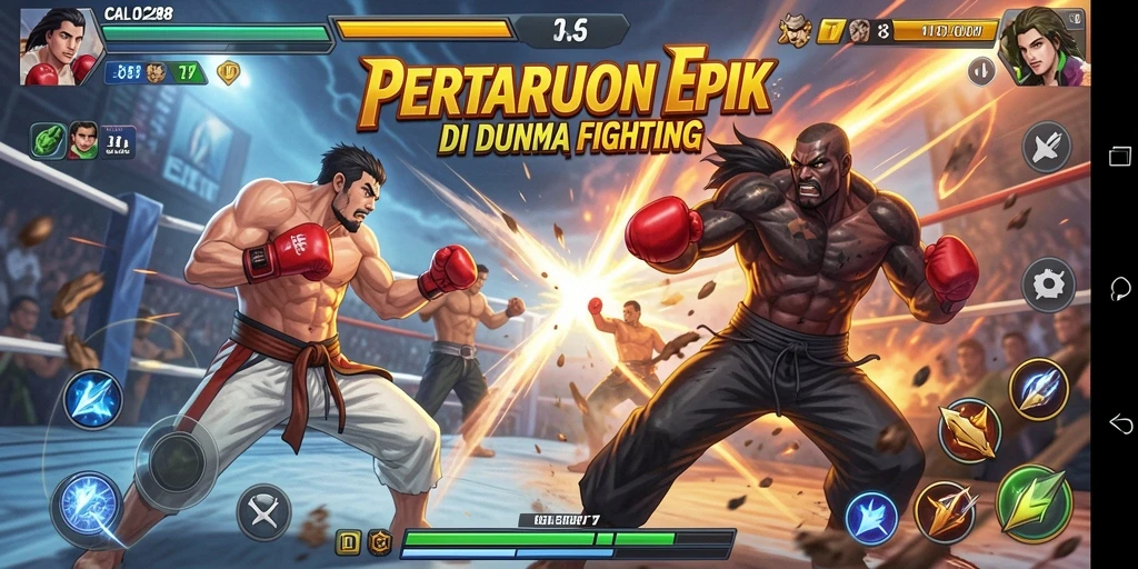Tampilan layar pertarungan epik di CALO288 dengan karakter yang kuat.