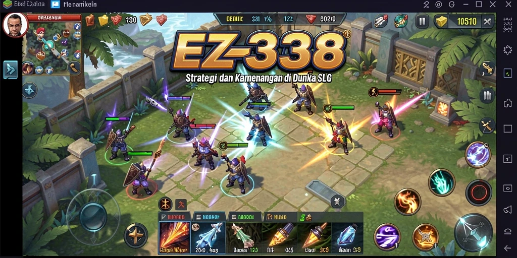 Tangkapan layar utama game EZ338 menampilkan aksi pertempuran strategis yang mendebarkan.