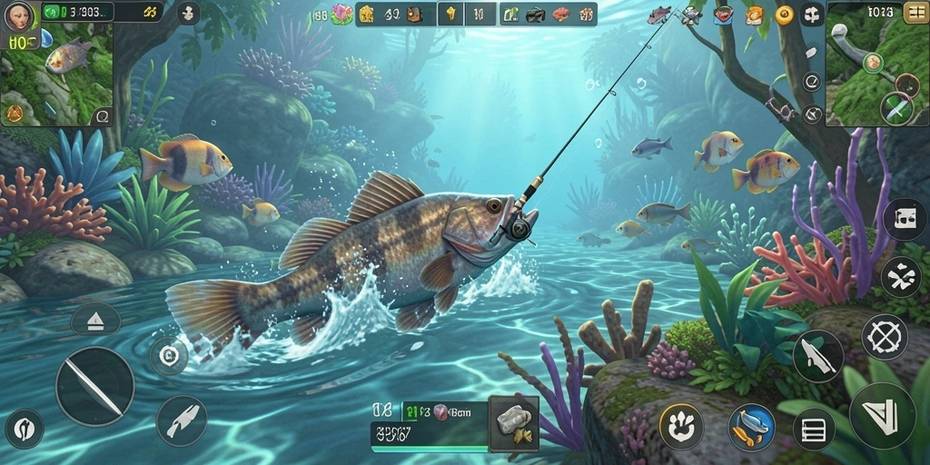 Gameplay H03 yang penuh aksi dengan pemandangan indah saat memancing.