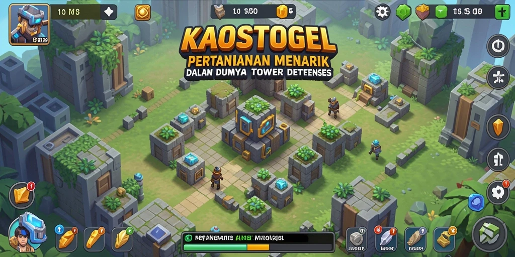 Tampilan gameplay KAOSTOGEL dengan menara dan musuh yang menantang.