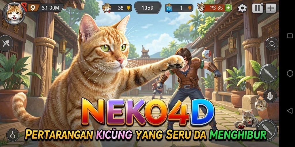 Screenshot gameplay NEKO4D yang menampilkan pertarungan kucing yang seru.