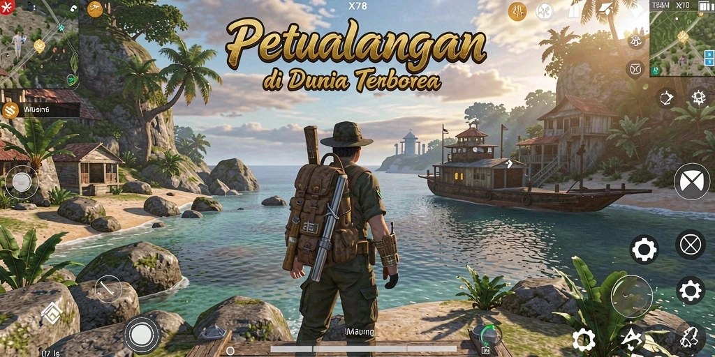 Screenshot gameplay X78 menunjukkan petualangan di dunia terbuka yang luas.